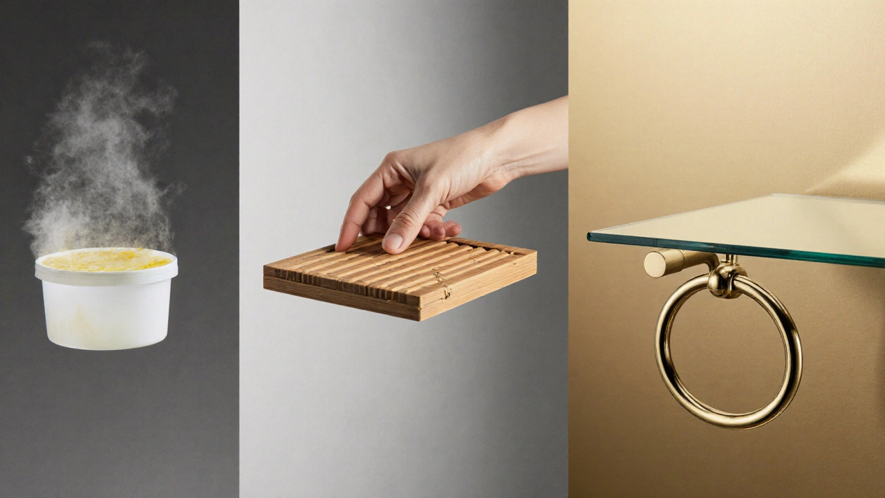 Porovnání levných a kvalitních doplňků: deformovaný plast vs. trvanlivý mosaz a sklo.