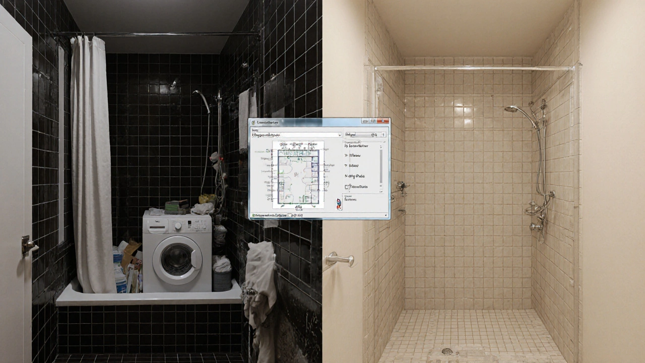 Před a po: stará koupelna s vanou a pračkou vs. moderní, prostornější verze s rohovou sprchou a šetřením místa.