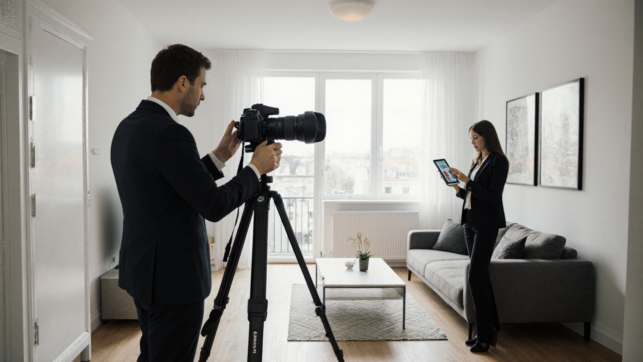 Profesionální fotograf natočí byt širokoúhlou kamerou při prodeji nemovitosti v Česku.