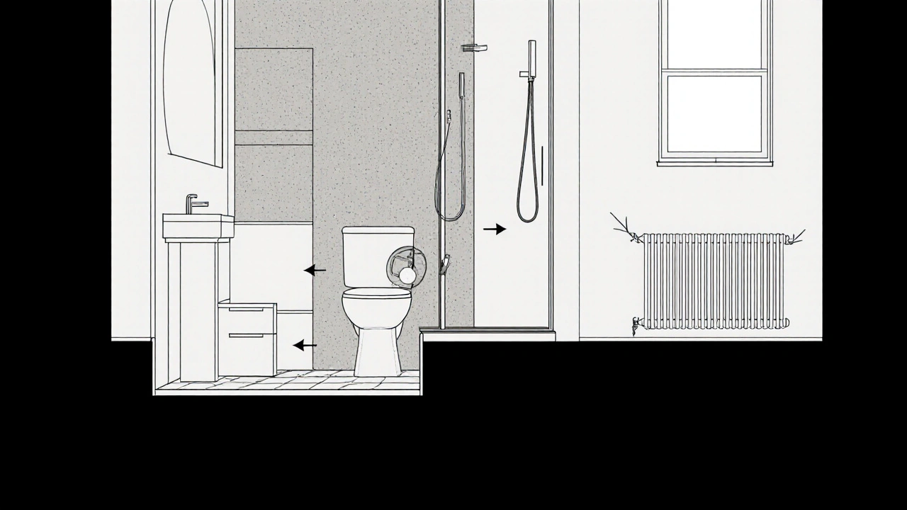 Průřez panelové koupelny s nezbytným bytovým jádrem a prostorově efektivními zařízeními.