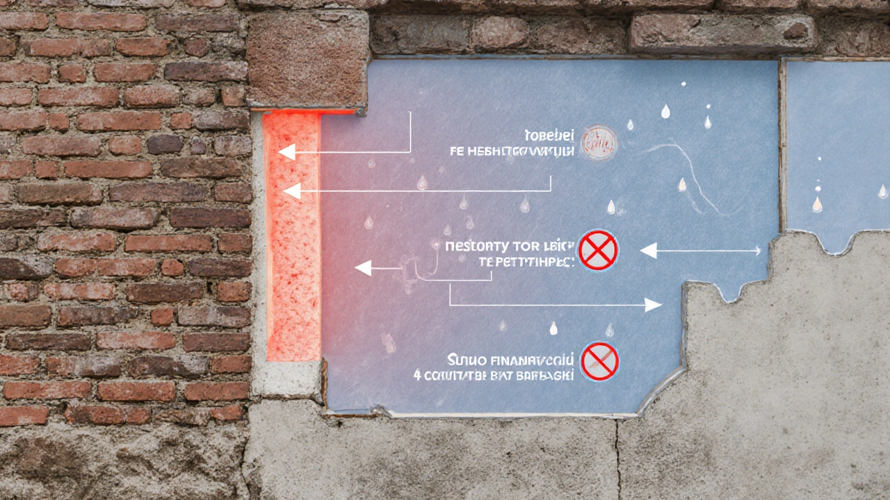 Průřez stěny s vrstvami izolace, parotěsné zábrany a omítky, znázorňující správný tok tepla a vlhkosti.