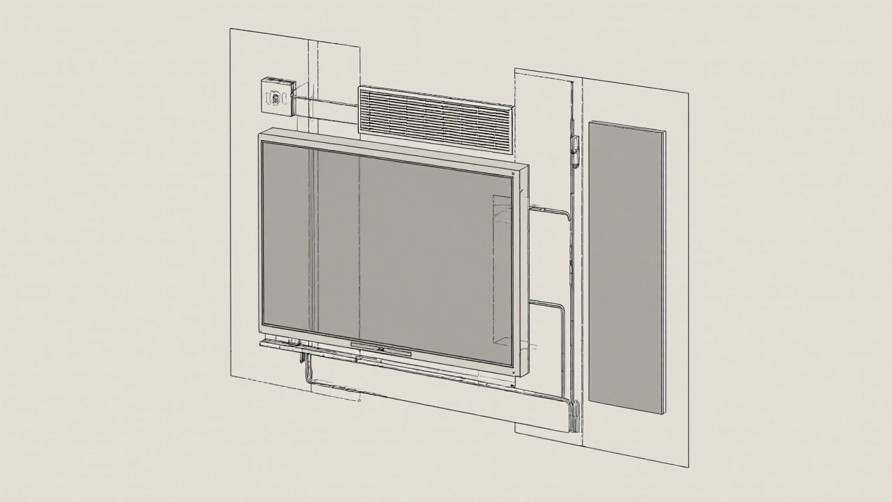 Průřez TV stěny ukazující větrací mezery, kabelové průchodky a akustické panely za televizí.