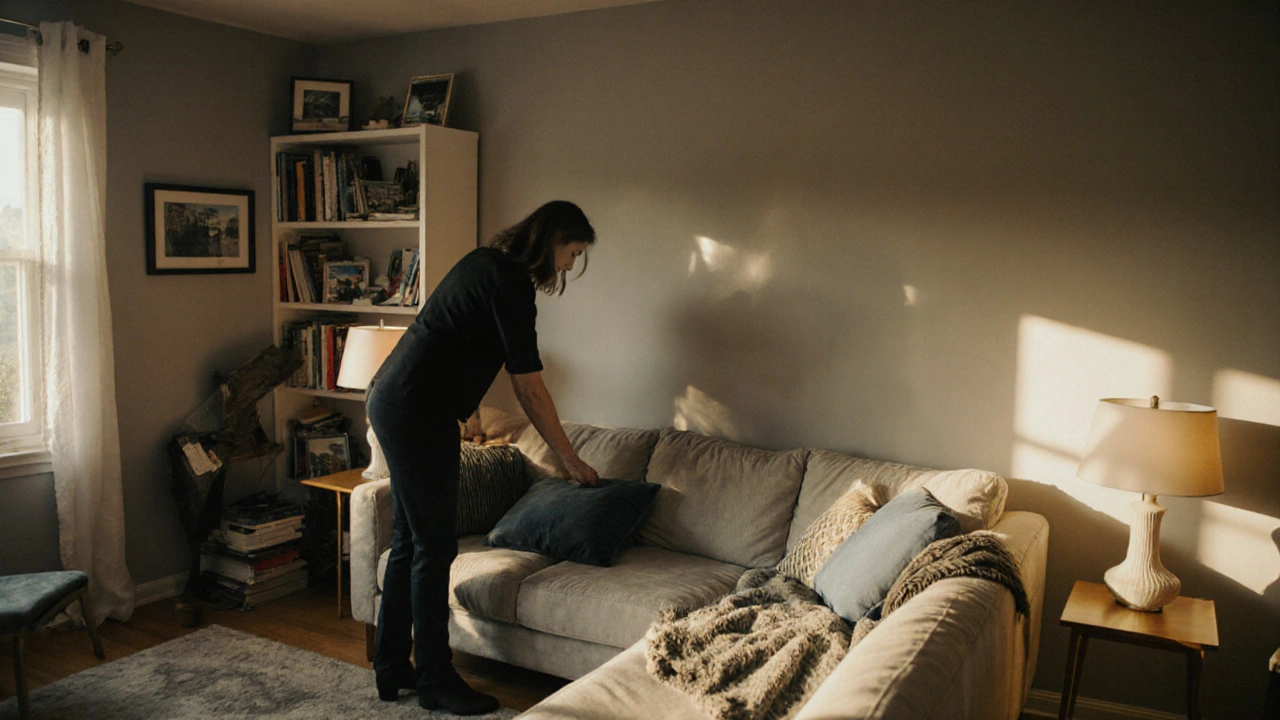 Real estate agent and stager adjusting minimalist decor in a bright, clutter-free living room.