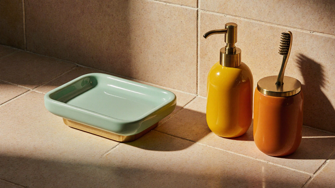 Retro doplňky v zelené, žluté a oranžové barvě na koupelnové stěně.