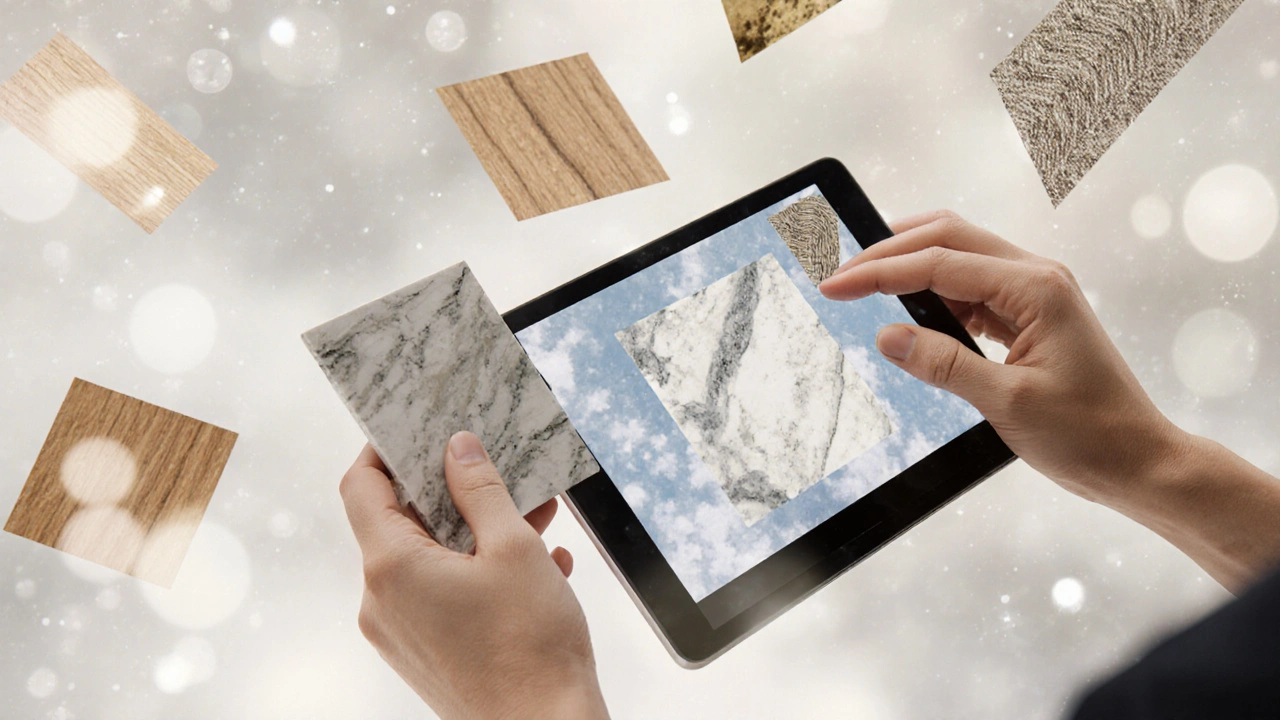 Ruce dotýkající se 3D tisku mramoru s AR vizualizací na tabletu.