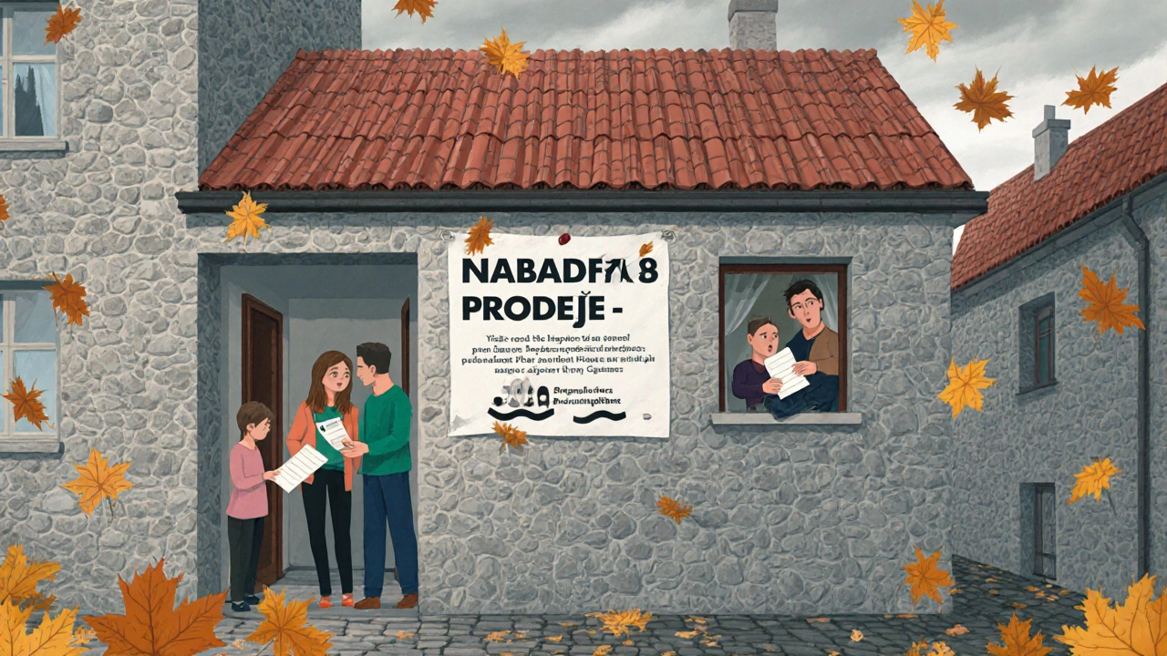 Soused sleduje přes okno, jak rodina odjíždí z bytu s nápisem na vstupu.