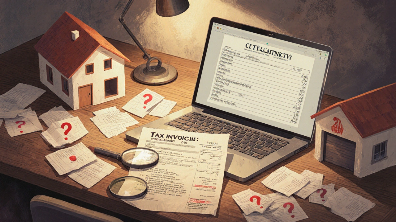 Stůl s fakturami, laptopem a dokumenty o daních, jedna faktura nemá DIČ.
