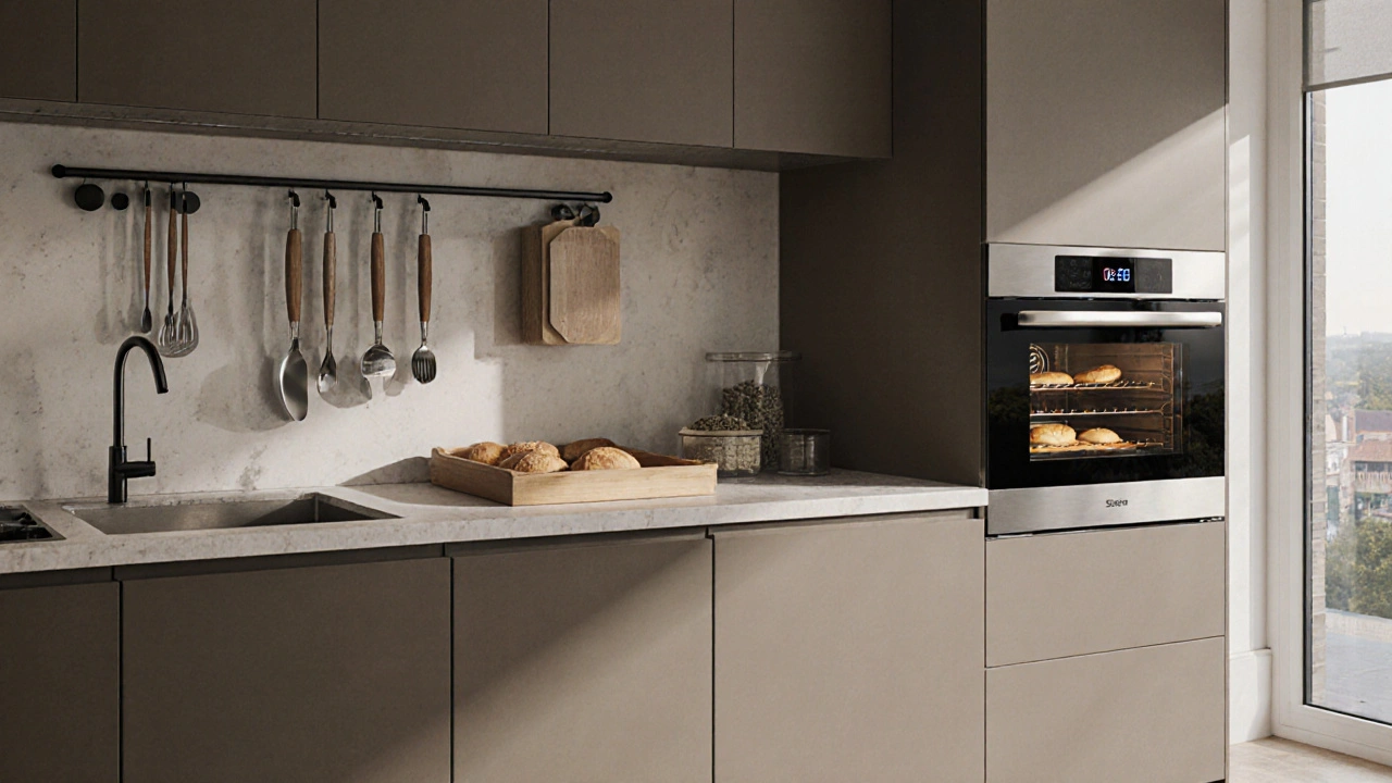 Trojúhelník pečení: místo na hnětení, důk a pečení propojené v optimální kolejnosti v moderní kuchyni.