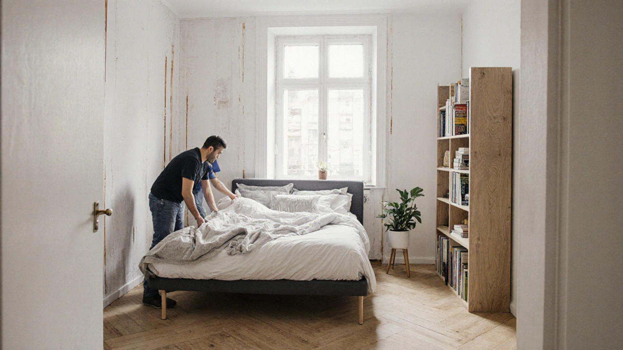 Tým odborníků instaluje nábytek do prázdného bytu, přeměňuje ho na přívětivý prostor.