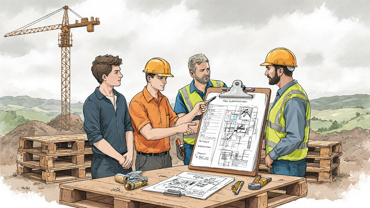 Týmová schůzka na stavbě s koordinátorem, klientem a řemeslníky kontrolujícími pokrok na papírovém harmonogramu.