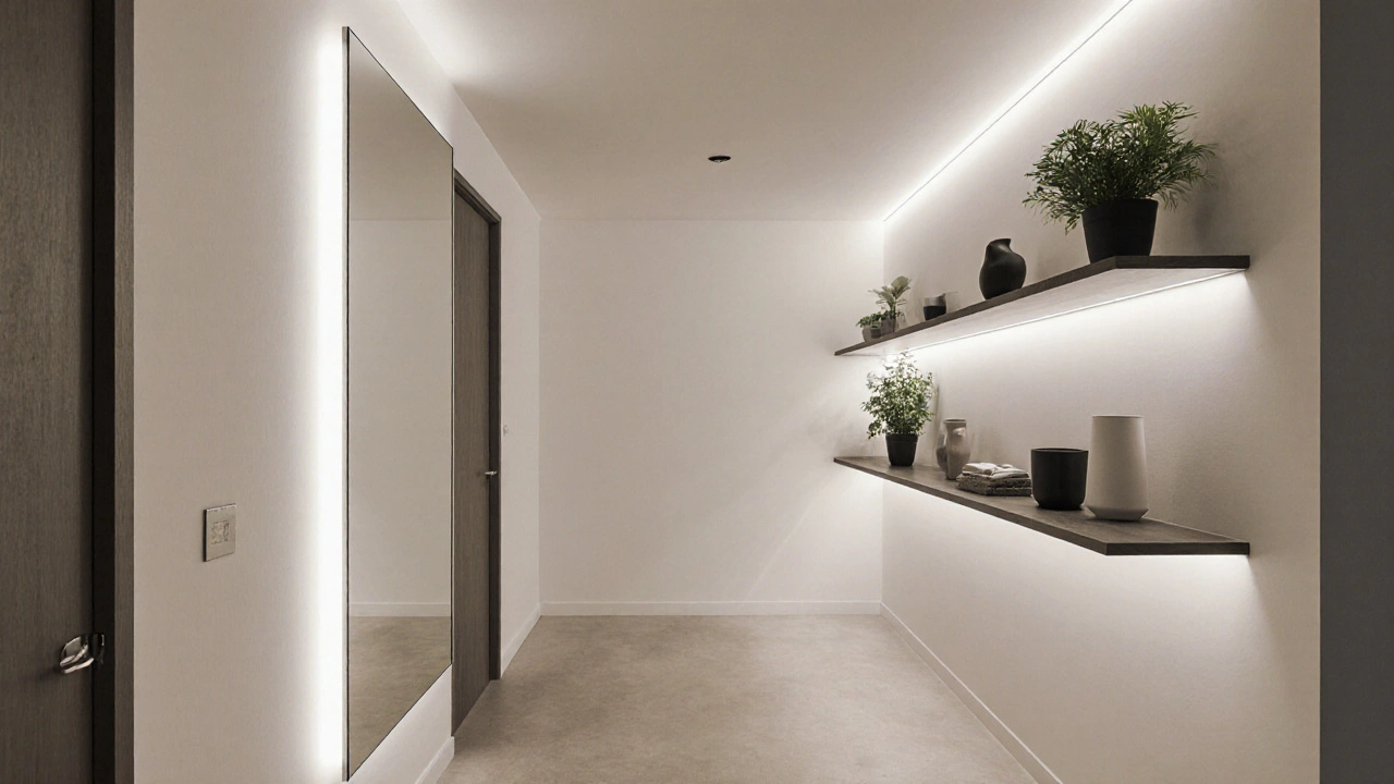Úzká chodba s jedním zrcadlem a regály, vizuálně prodloužená LED osvětlením.