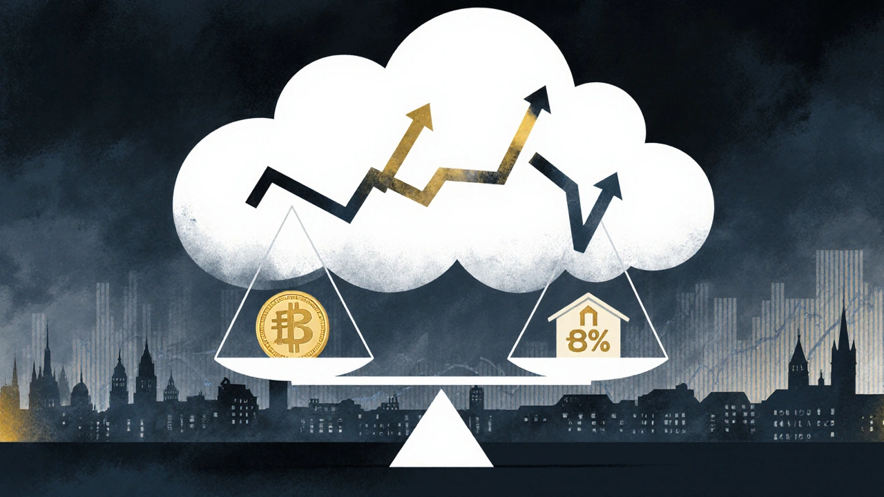 Váha ukazuje rozdíl mezi nominálním růstem cen a inflací, s domem na jedné straně.