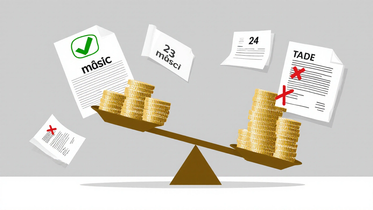Váhy s penězi označenými 23 a 24 měsíci, symbolizující dopad změny DPH na prodej novostaveb.