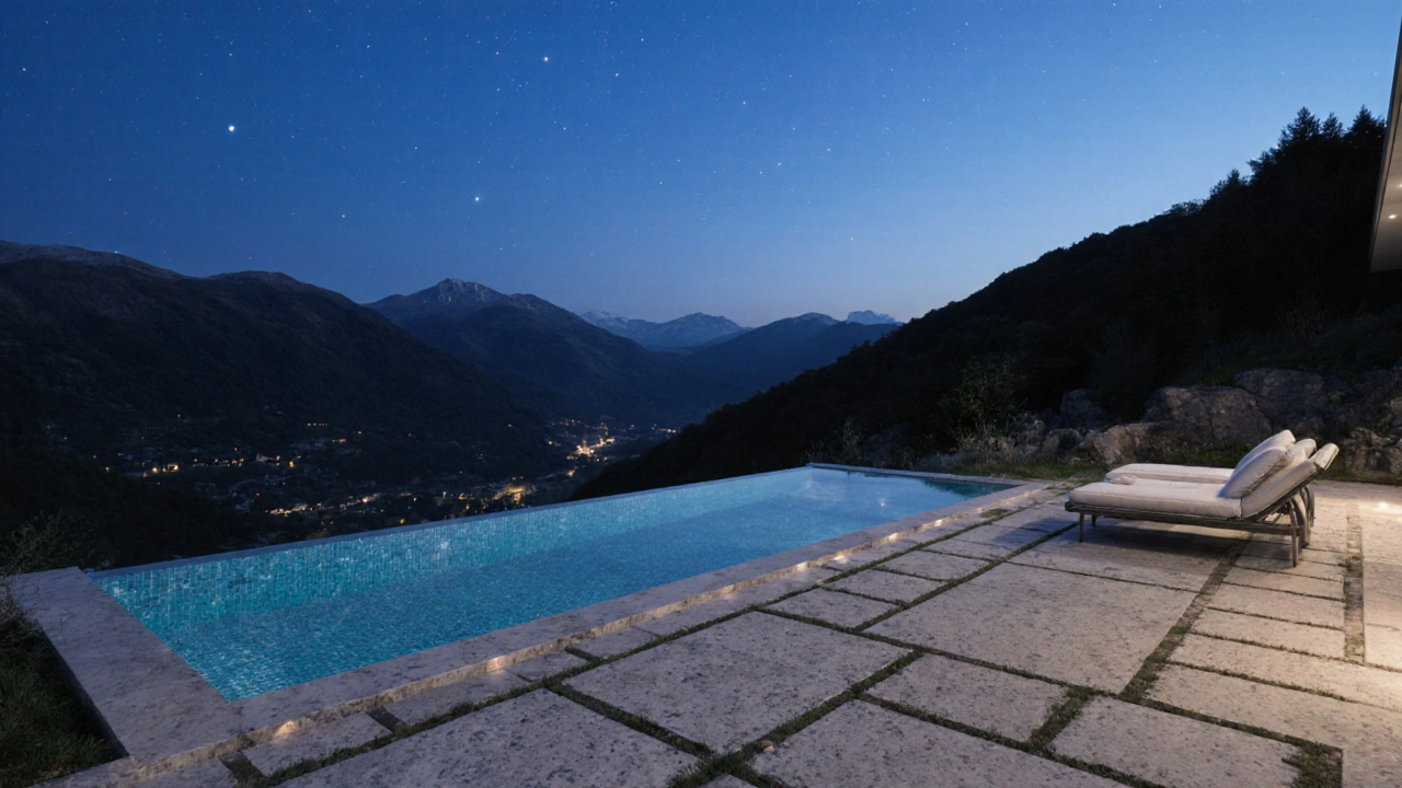 Venkovní prostor s přírodním kamenem a nekonečným bazénem pod hvězdami.