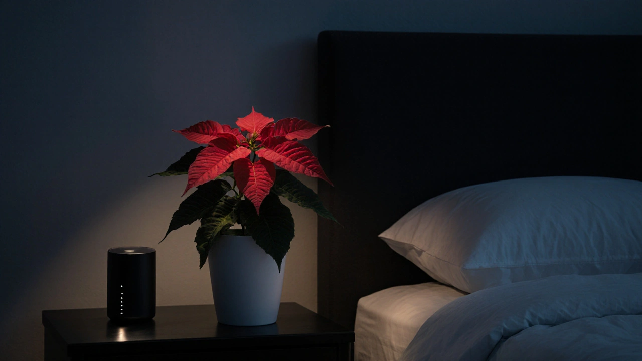 Zimní pokoj s vánoční hvězdičkou v úplné tmě, jen slabé světlo ze chytrého květináče.