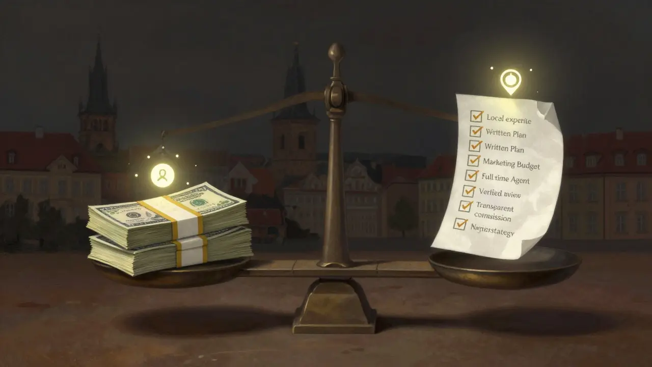 Balanced scale with seven key criteria for choosing a real estate agency.