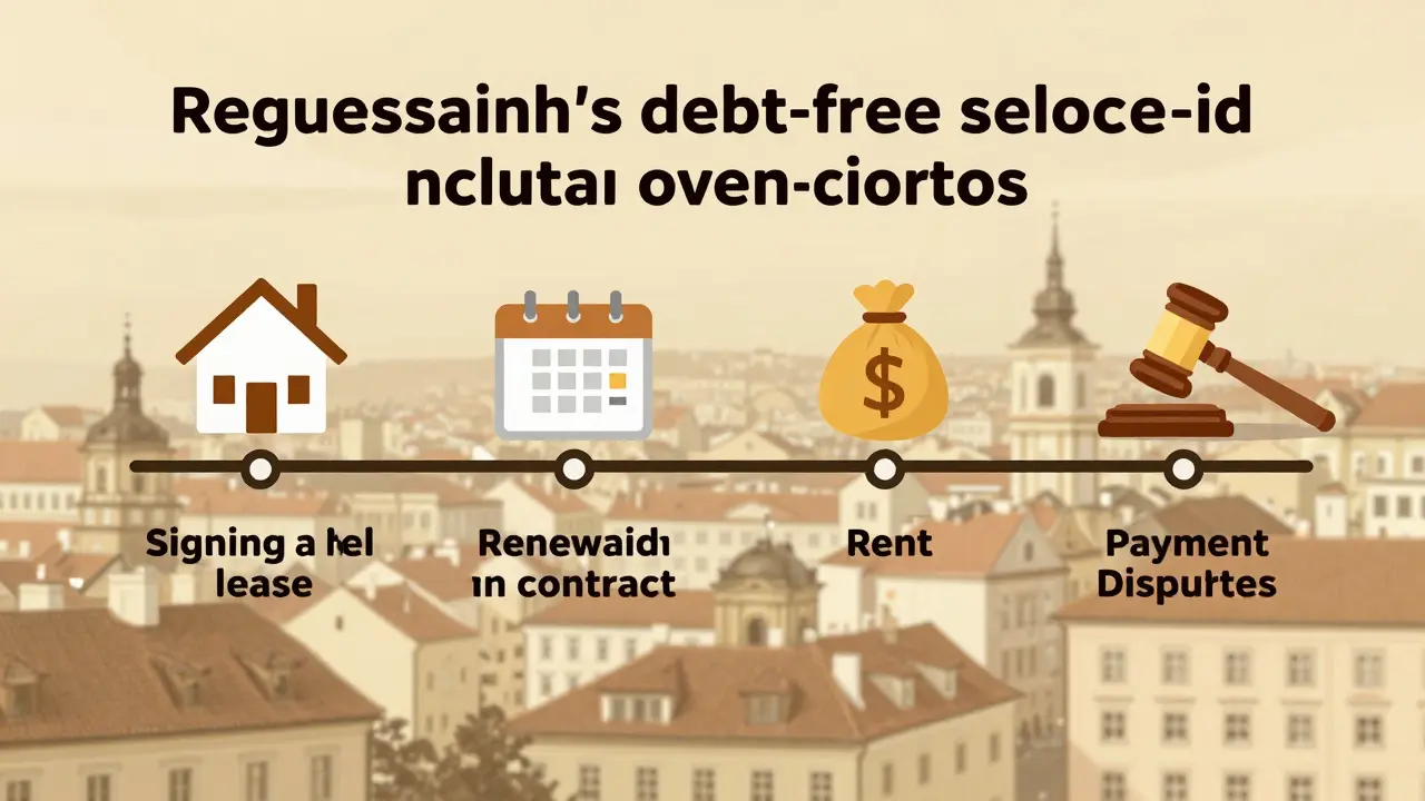 Časová osa ukazující, kdy je třeba požadovat prohlášení o bezdlužnosti nájemce.