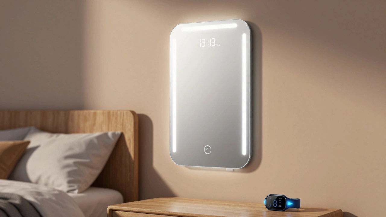 Chytré zrcadlo s LED podsvícením a displejem v moderní ložnici, propojené s hodinkami pro sledování spánku.