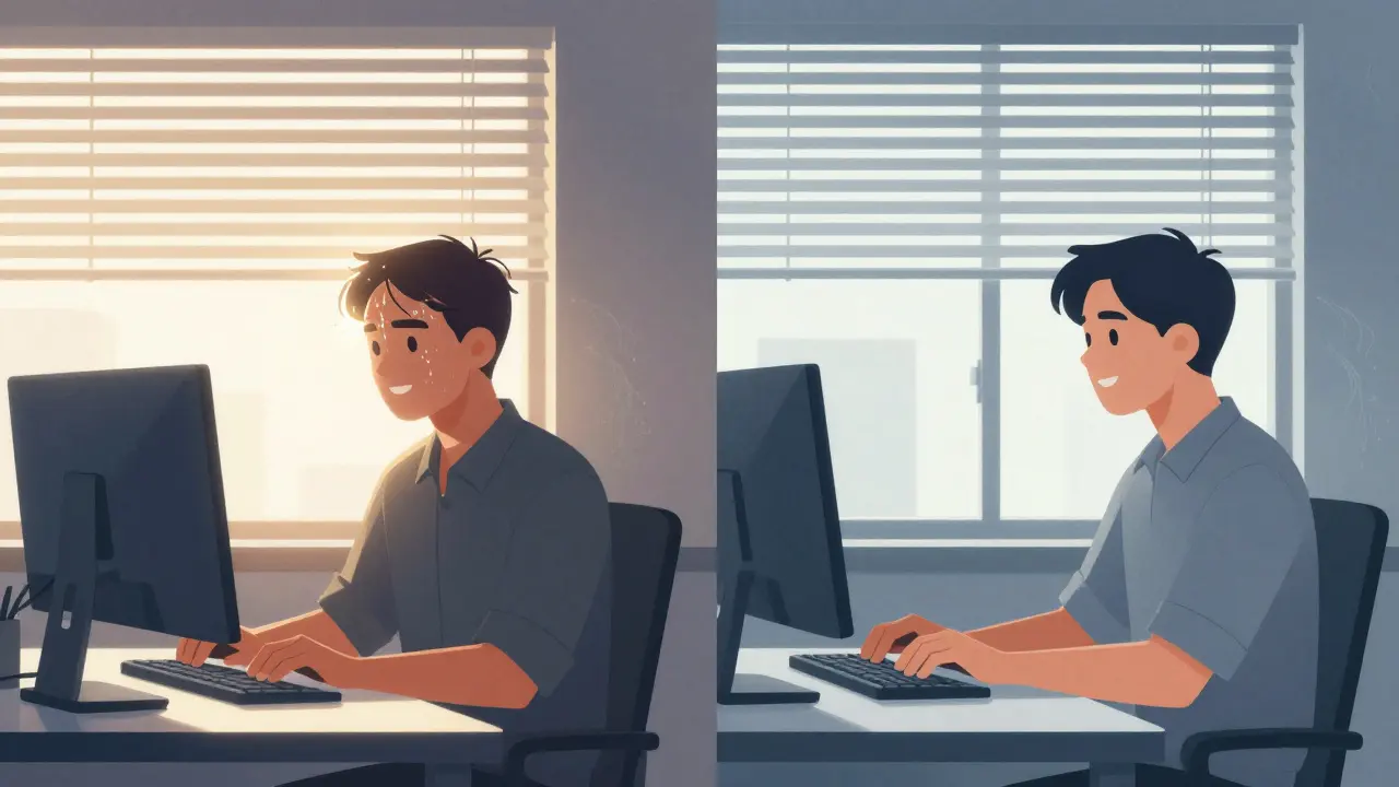 Contrast between overheated office with internal blinds and cool, well-lit workspace with external screen blinds and air gap.