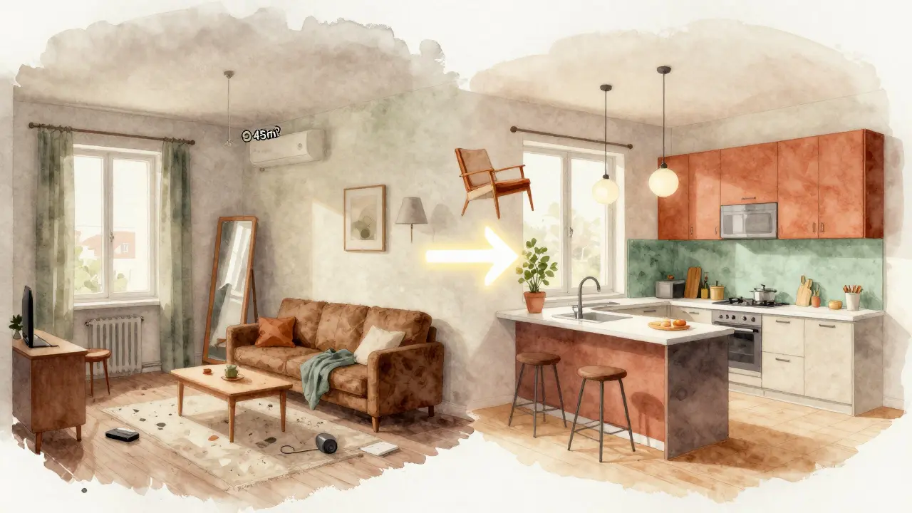 Dvě verze stejného bytu: před a po redesignu, spojené digitálním šipkou, jemná vodová barva.