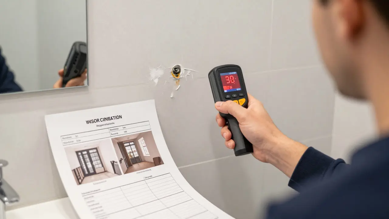 Inspektor používá tepelnou kameru k kontrolě skrytých vad v koupelně po rekonstrukci.