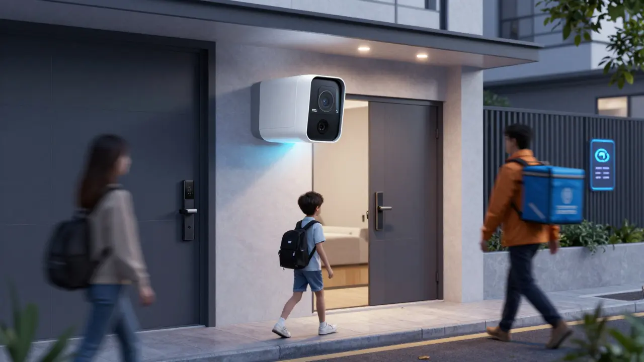 Inteligentní kamera rozpoznává rodinu a pošťáka, zatímco cizí osoby jsou v záznamu zamlčeny.