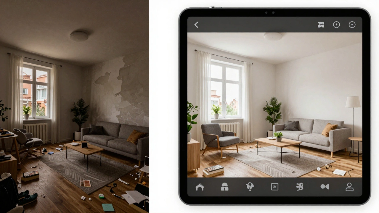 Kontrast mezi špatně fotografovaným a profesionálně upraveným interiérem pro realitní inzerát.