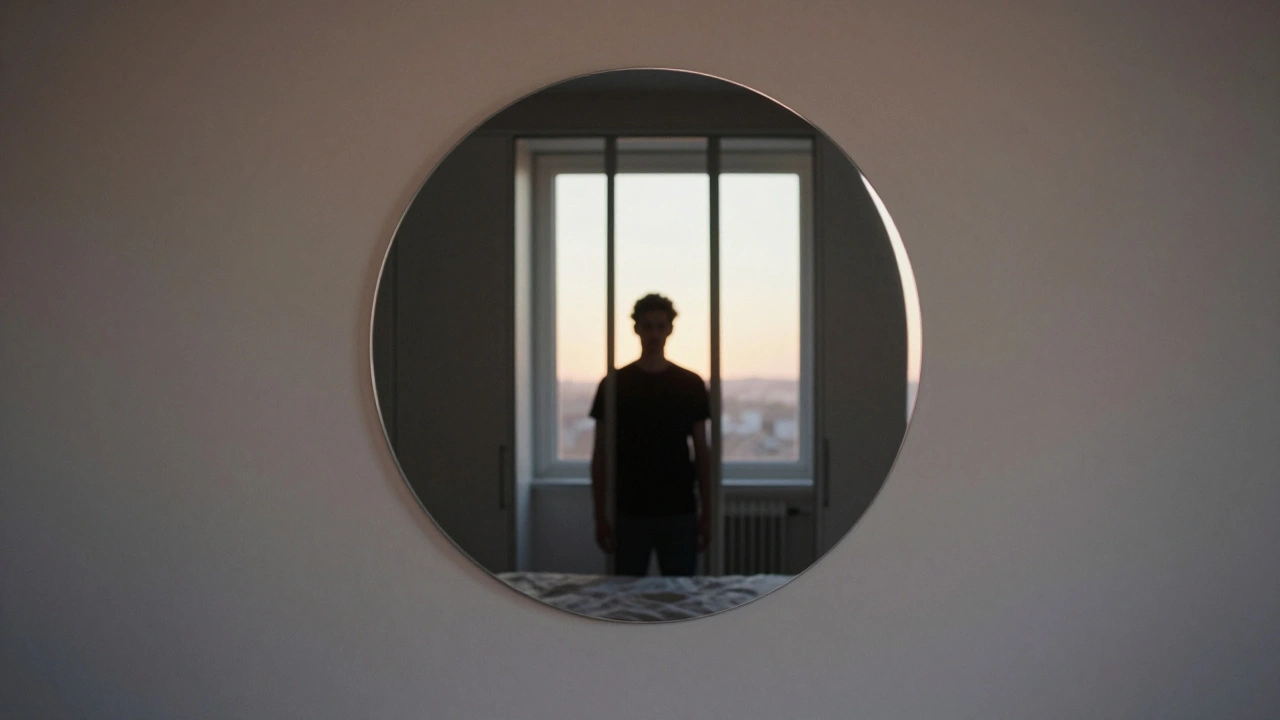 Kulaté designové zrcadlo jako centrální prvek ložnice, odrazující postavu a vytvářející pocit hloubky.