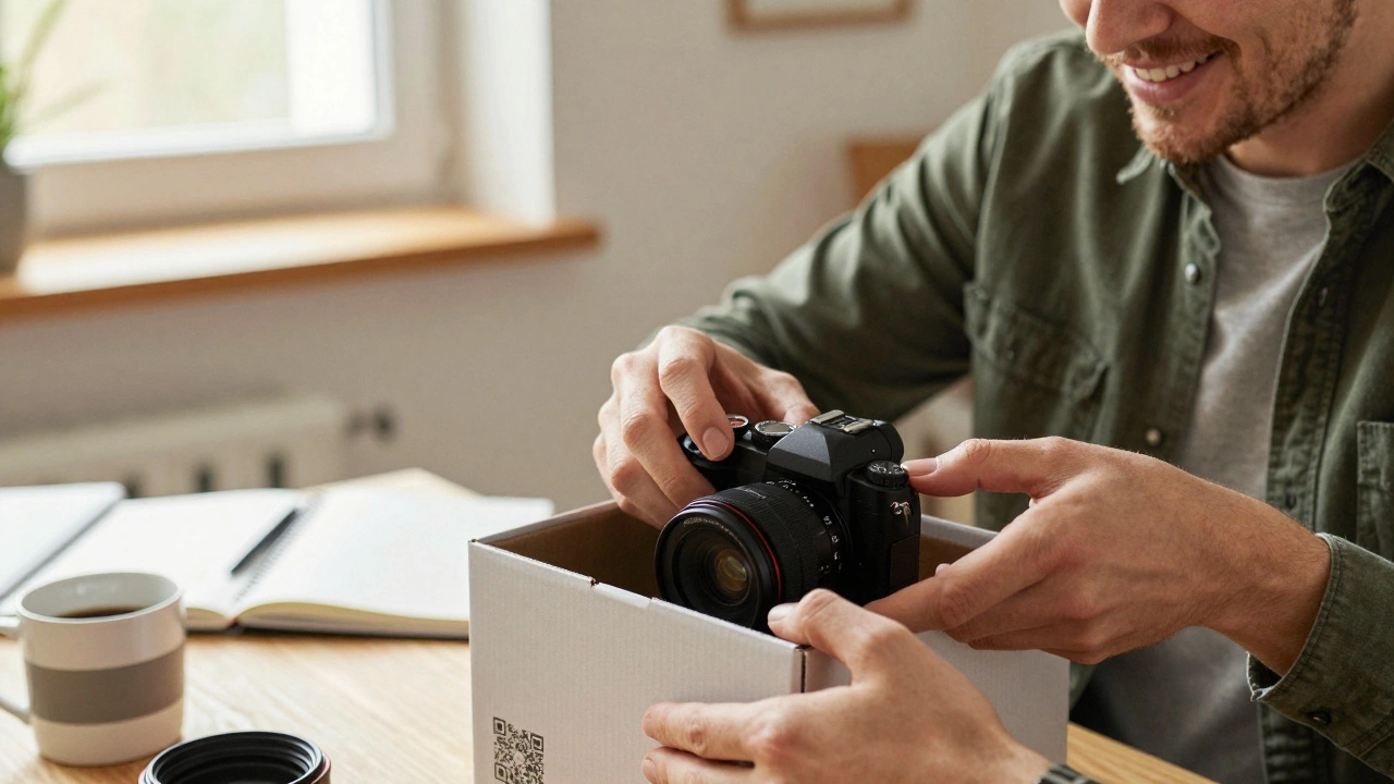 Osoba otevírá otevřené balení kamery v domácím prostředí s přírodním světlem.
