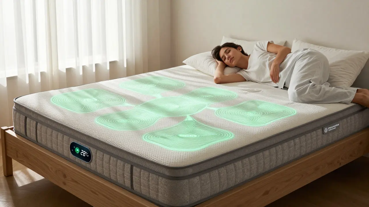 Osoba probouzející se u chytré matrace s teplotním ovládáním a certifikovanými materiály, slunce v okně.