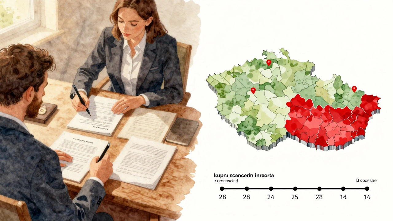 Pár podepisuje kupní smlouvu u notáře, zároveň na mapě ČR vidíme zkrácený čas zápisu do katastru.