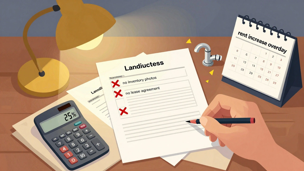 Pisec s dokumenty, poškozený kohoutek a kalendář s přehlédnutým zvýšením nájmu.