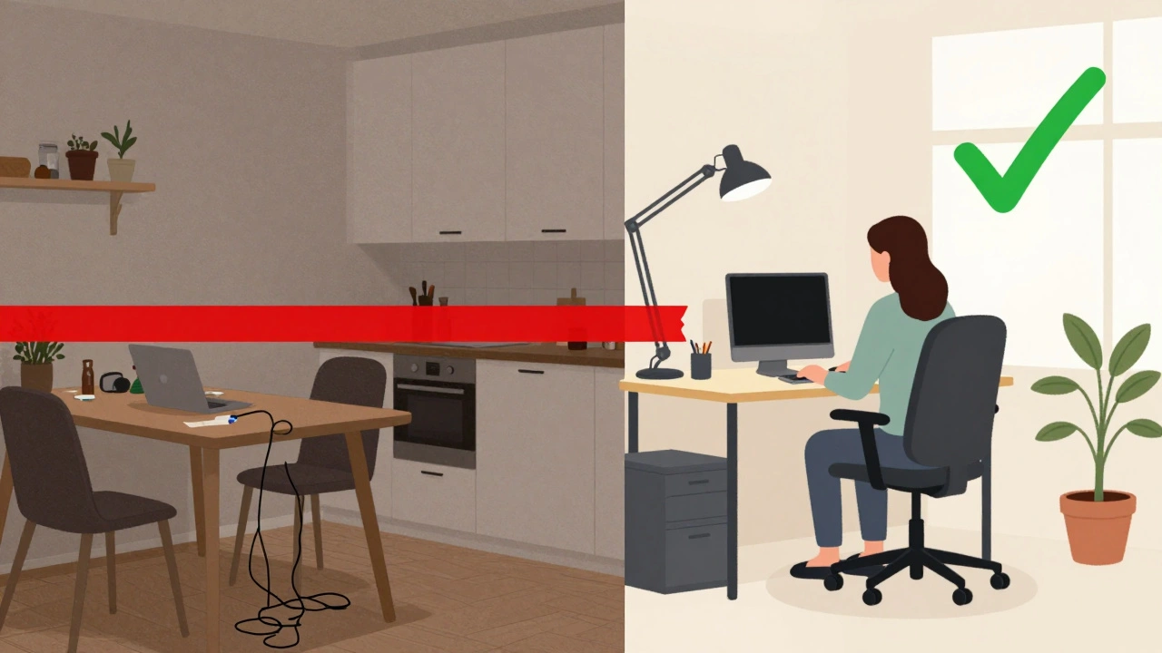 Porovnání nebezpečného pracovního místa v kuchyni a legální pracovny podle českého zákona o práci.