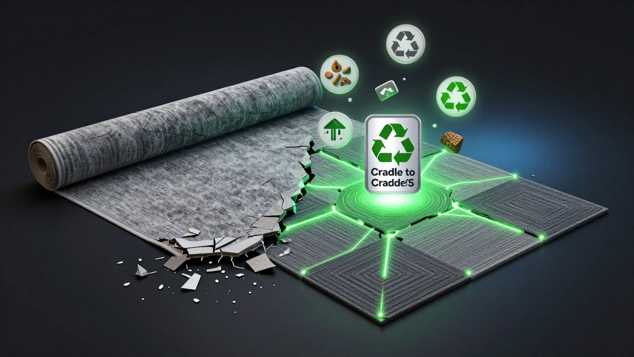 Porovnání poškozeného koberce a udržitelných kobercových dlaždic s symbolem recyklace a certifikace.