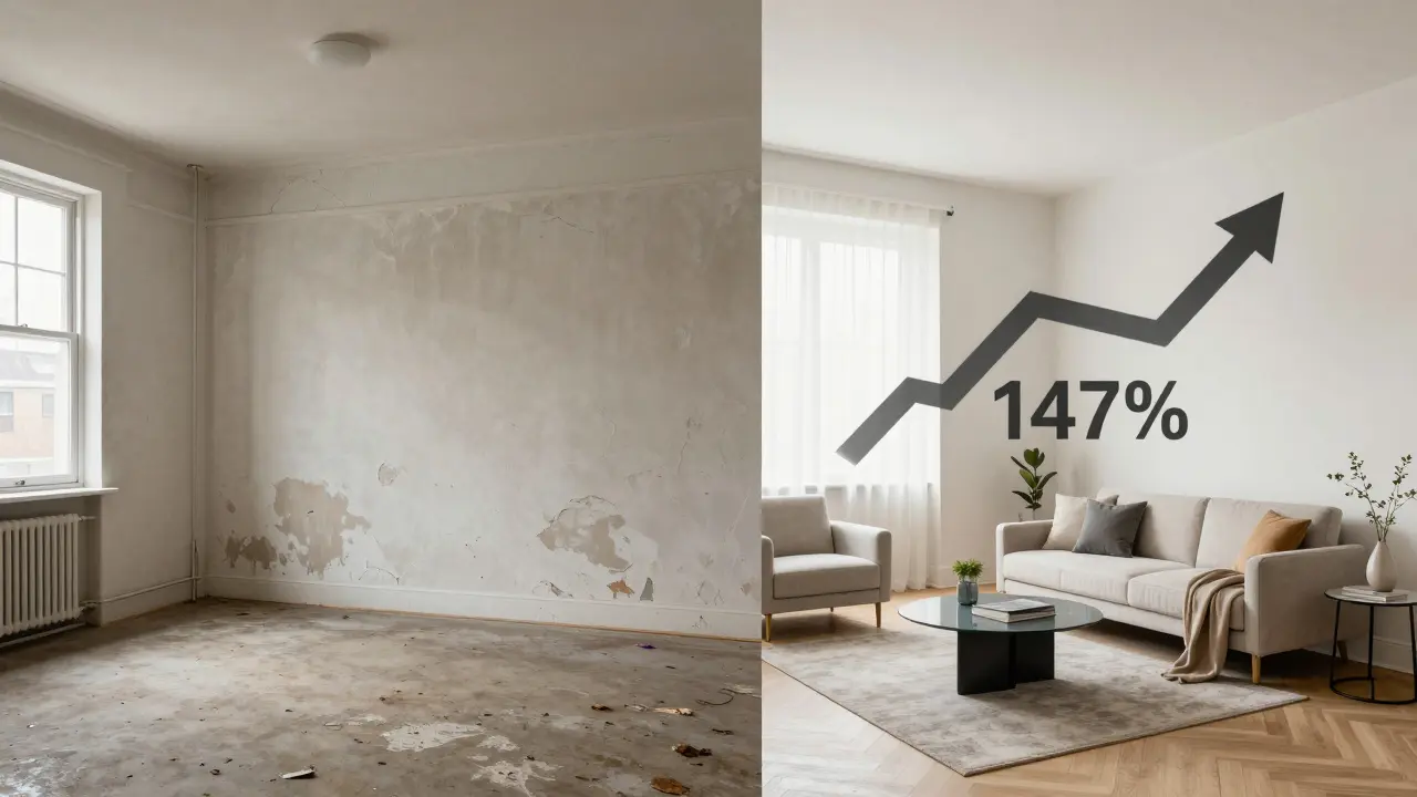 Porovnání starého a modernizovaného bytu s ukazateli návratnosti investice 147 %.