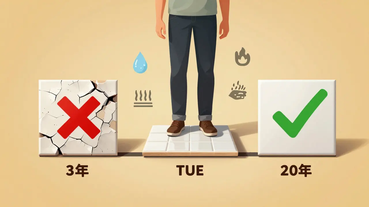 Porovnání životnosti levných a kvalitních dlaždic v koupelně po 3 a 20 letech.