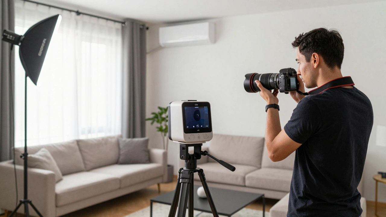 Profesionální fotograf s kamerou a 3D skenerem v připraveném bytě, připravující profesionální fotoprezentaci.