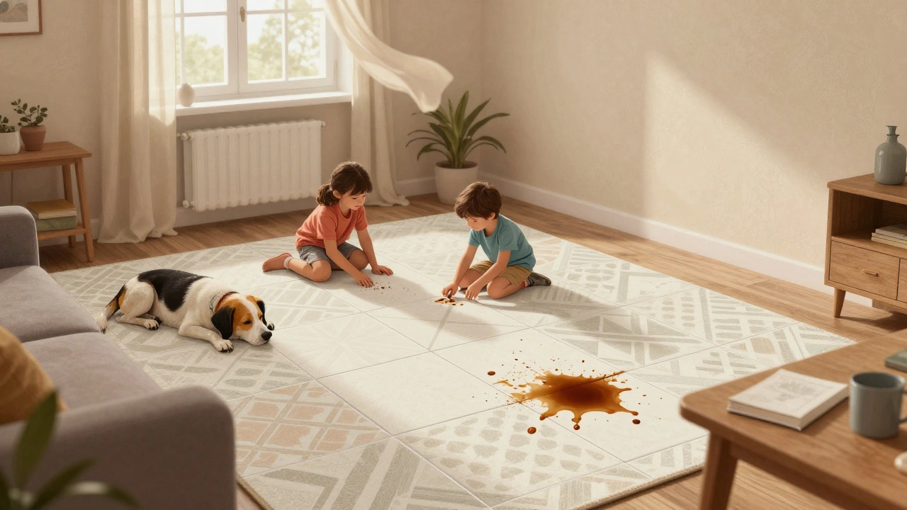Rodina s dětmi a psem na kobercových dlaždicích v obývacím pokoji, jedna dlaždice je vyjmutá a čištěná.