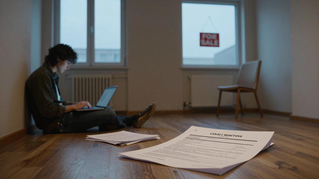 Rozdělený byt: jedna strana obsazena, druhá prázdná s vývěska prodeje.