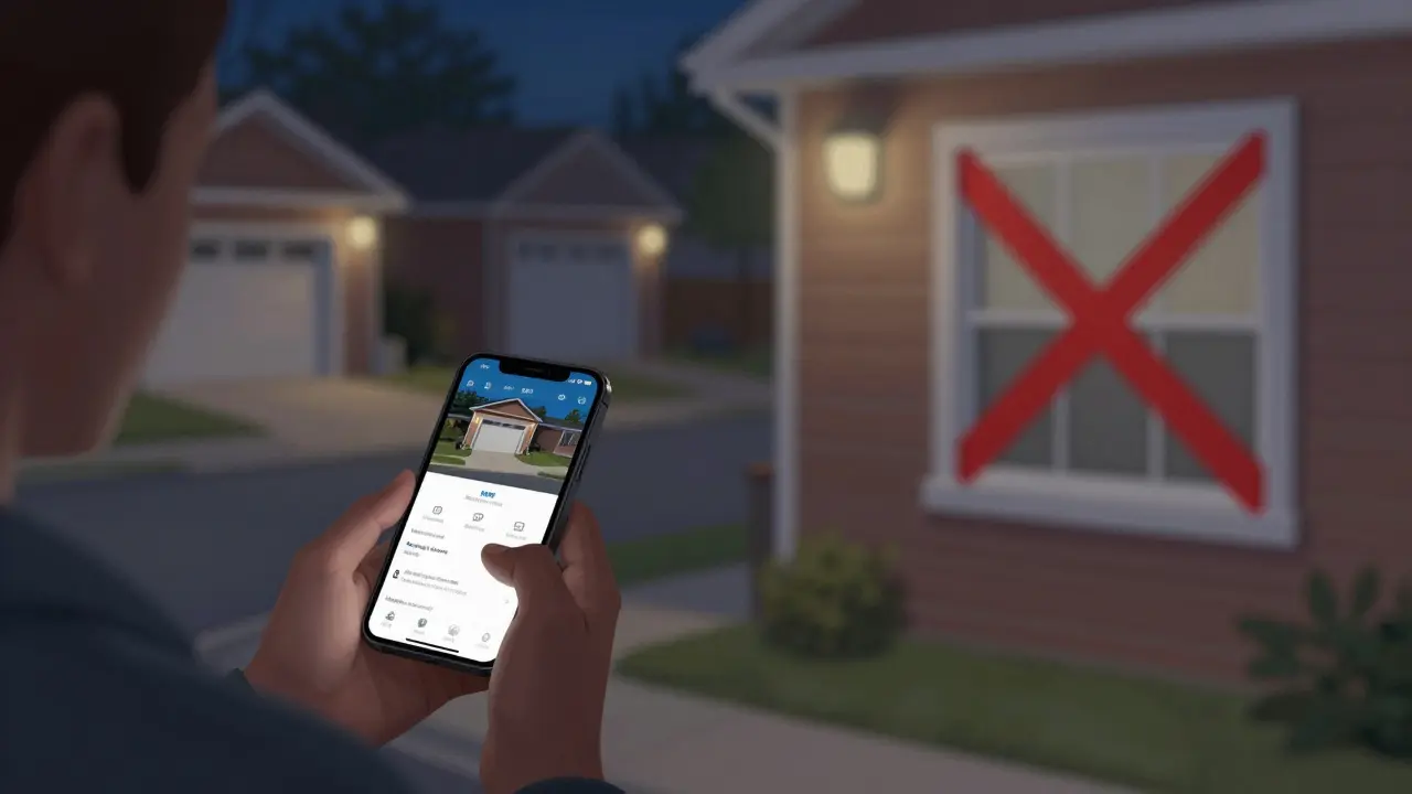 Rozdělený pohled: majitel sleduje záznam z garáže, zatímco sousedovo okno je označeno jako nepřípustné.