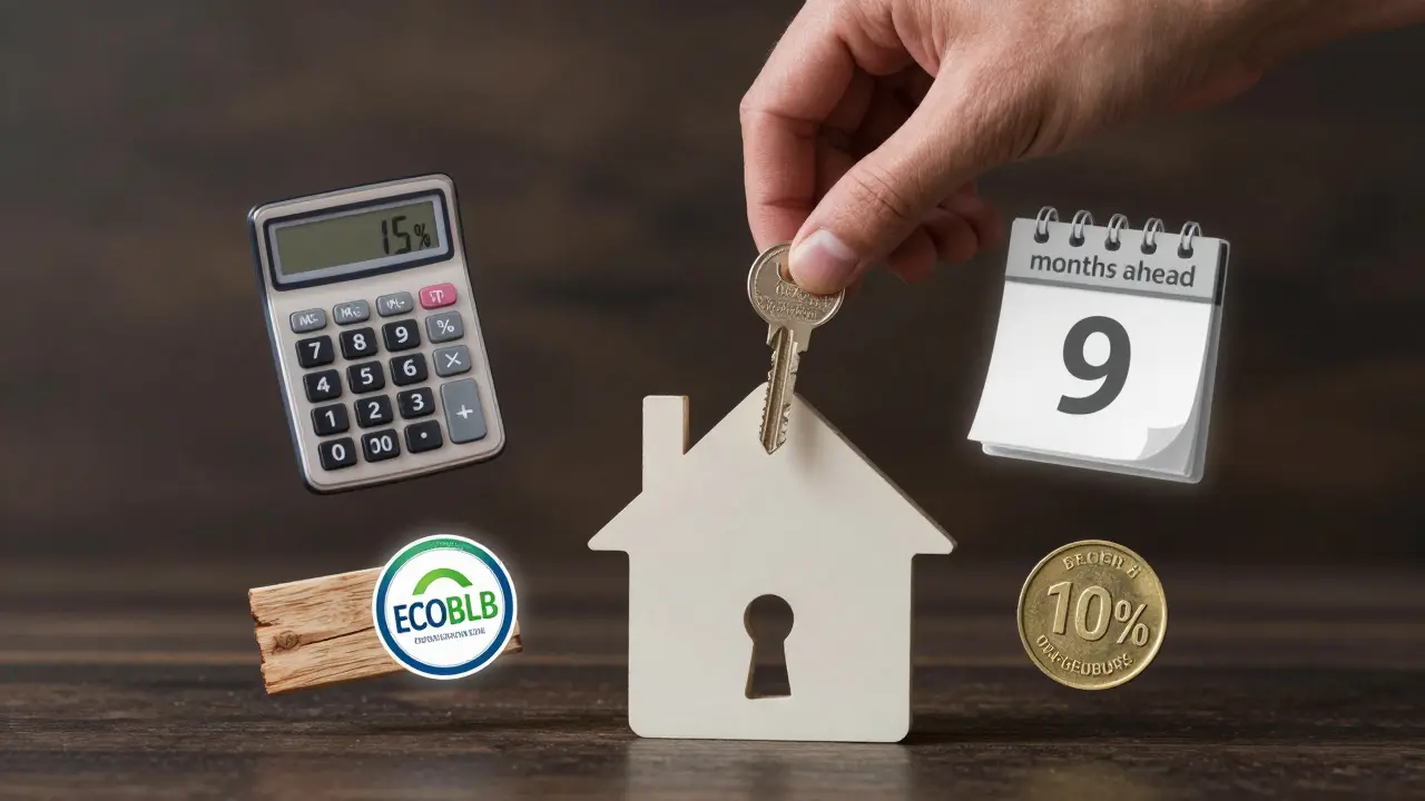 Ruka vkládá klíč do domu, kolem něj prvků úspory, plánování a recyklace.