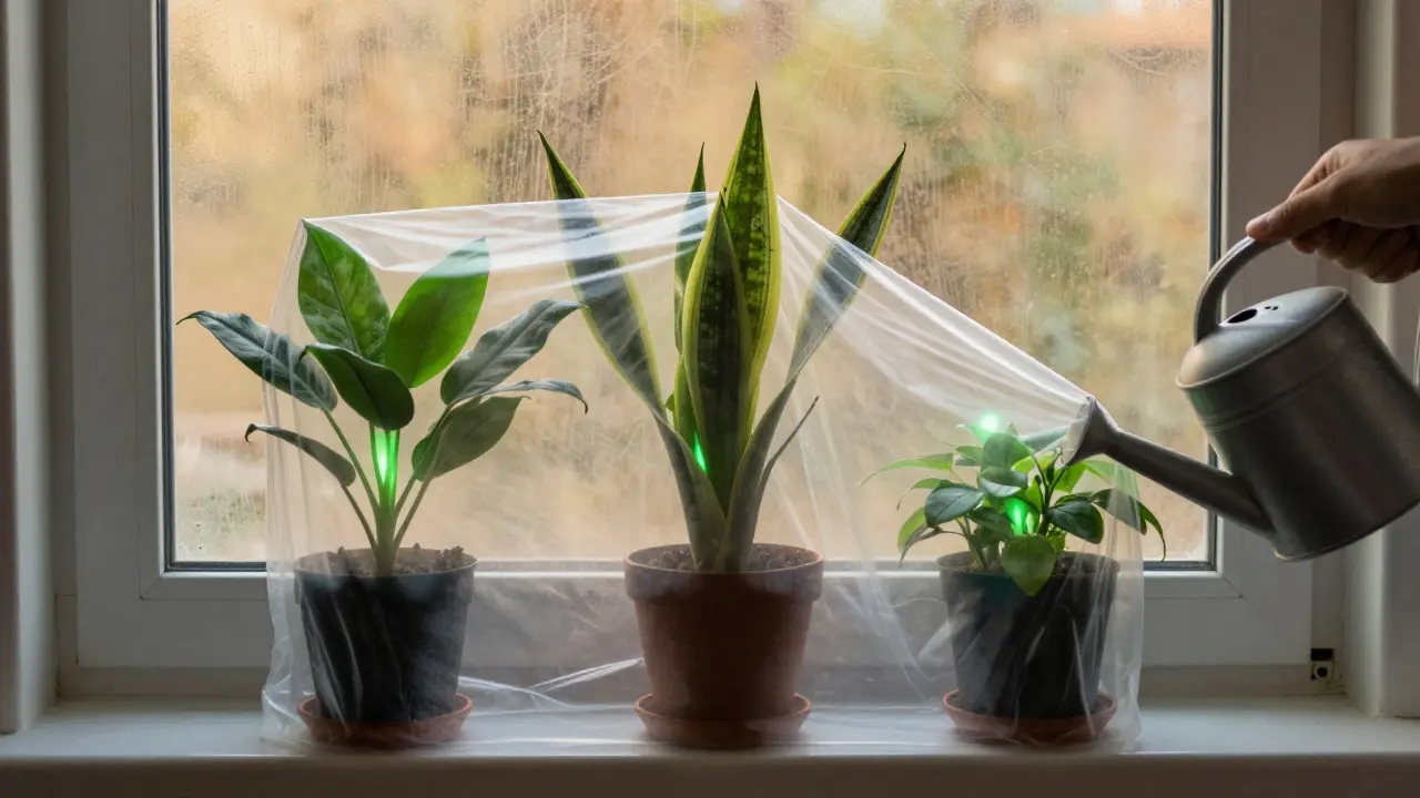 Skupina tří odolných rostlin na okně s průhlednou fólií a slabým zlatým světlem.