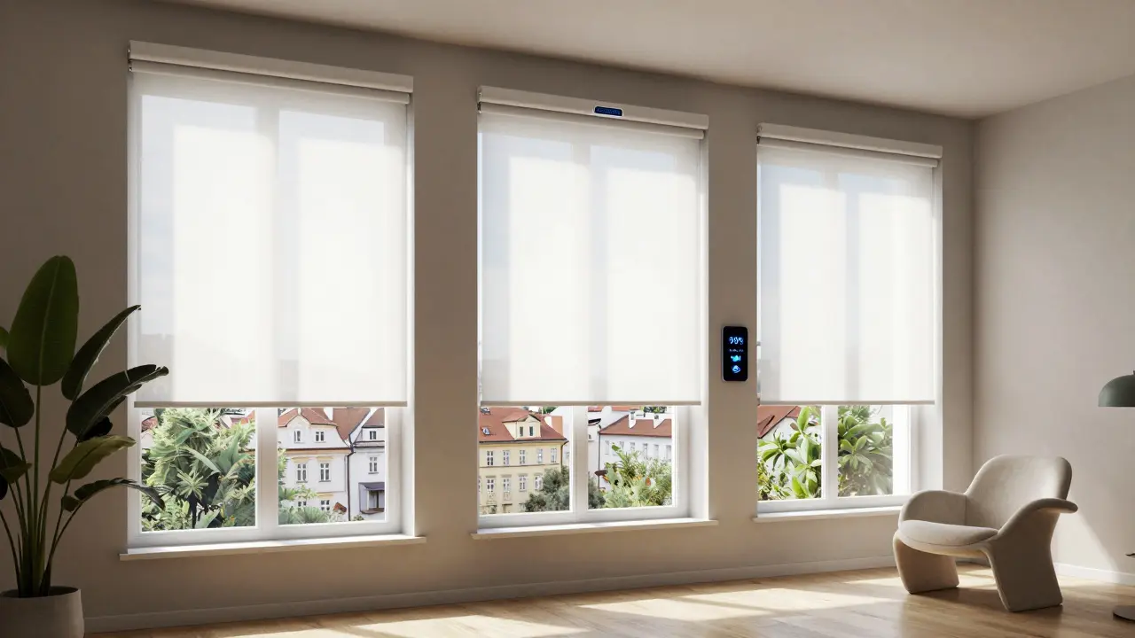 Smart screen blinds automatically adjusting to sunlight, integrated sensors, transparent fabric diffusing light with no visible mechanisms.