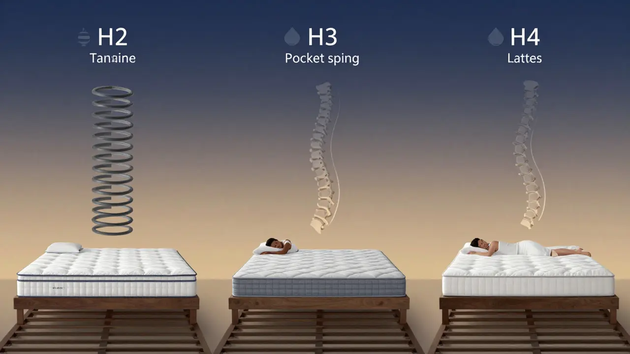 Tři typy matrací vedle sebe s označením vhodné hmotnosti, spojené s křivkou páteře pro každou polohu spánku.