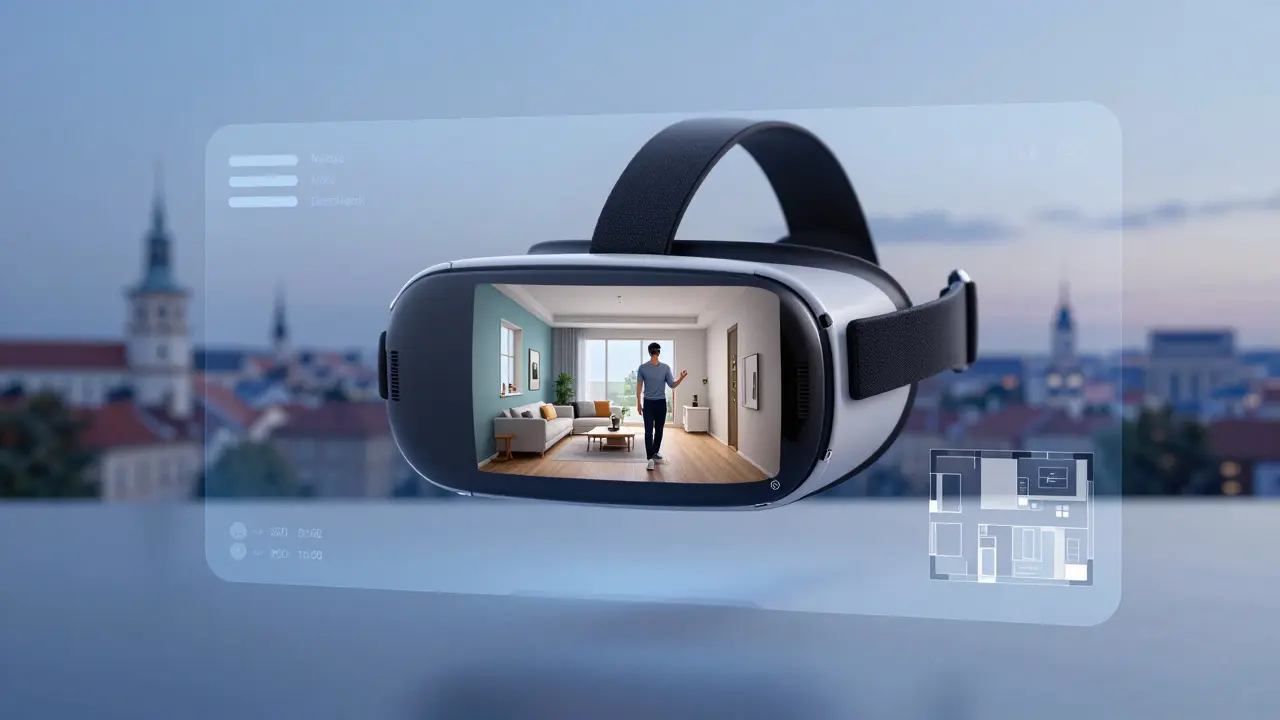 Uživatel v virtuální realitě prochází 3D modelem svého bytu, stěny mění barvu, nábytek se přesouvá.