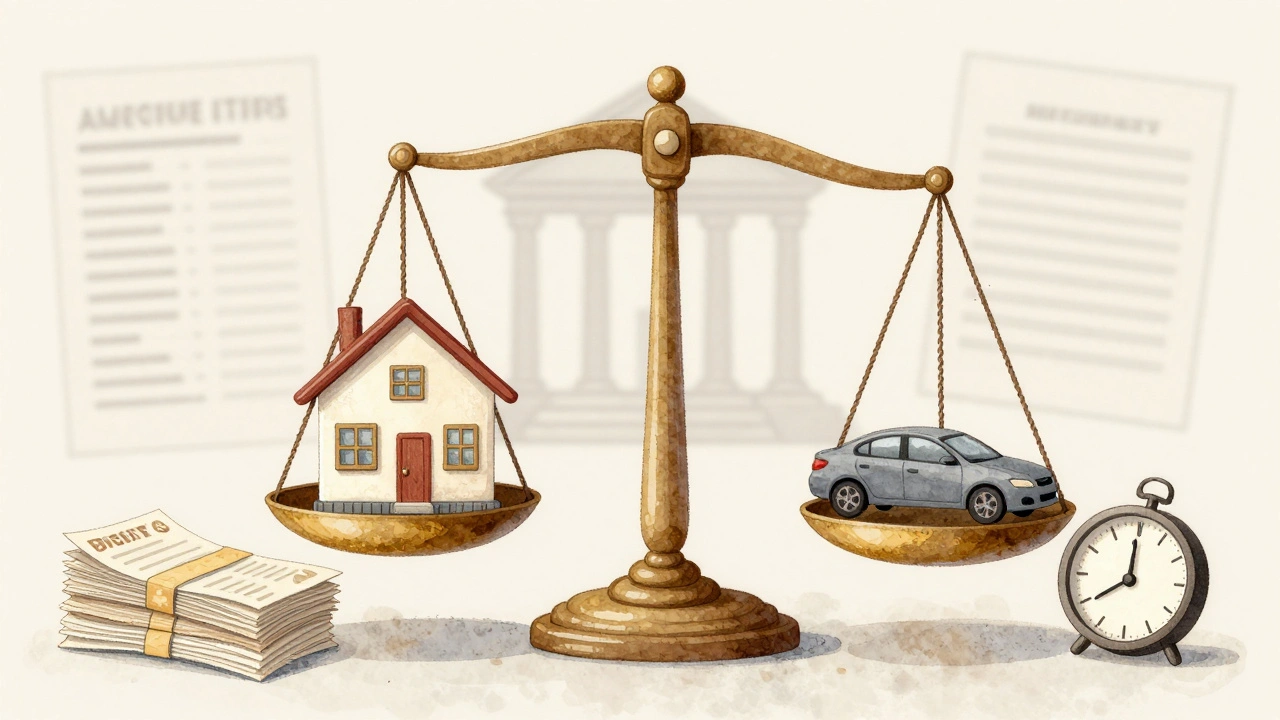 Váha s nemovitostí a autem proti fakturám a výpisům, symbolizující dělení majetku.
