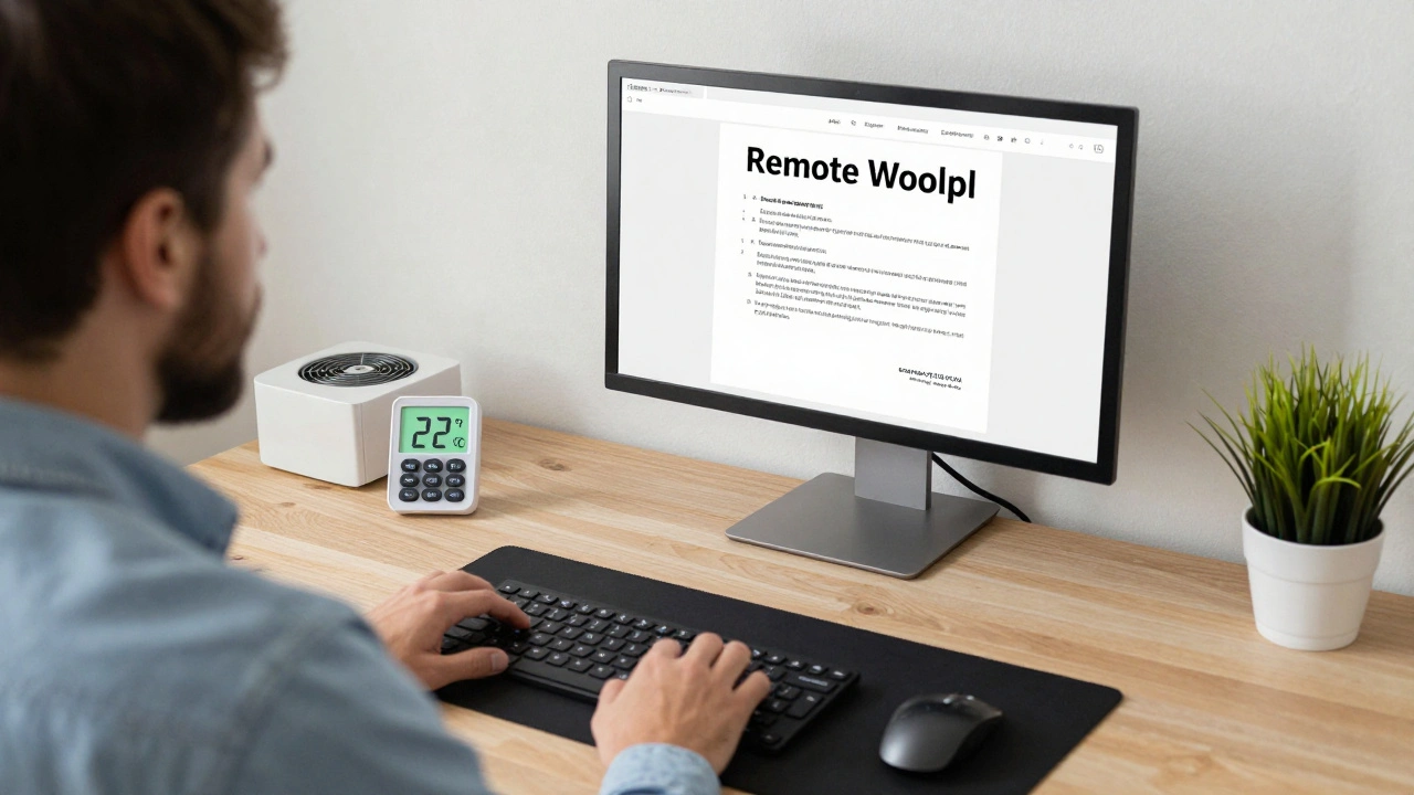 Zaměstnanec pracuje v domácí kanceláři s technickými měřidly teploty, hluku a osvětlení na stole.