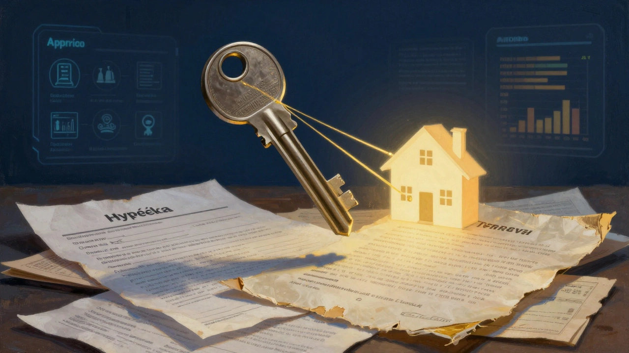 Zlatý klíč od domu visí nad dokumenty o koupi, spojený s AI rozhraním a světlou siluetou domu.