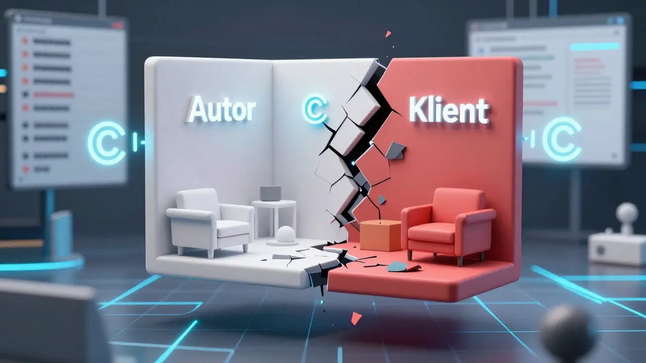 3D model interiéru rozdělený na původní verzi s autorským znakem a upravenou verzi s nesouladem.