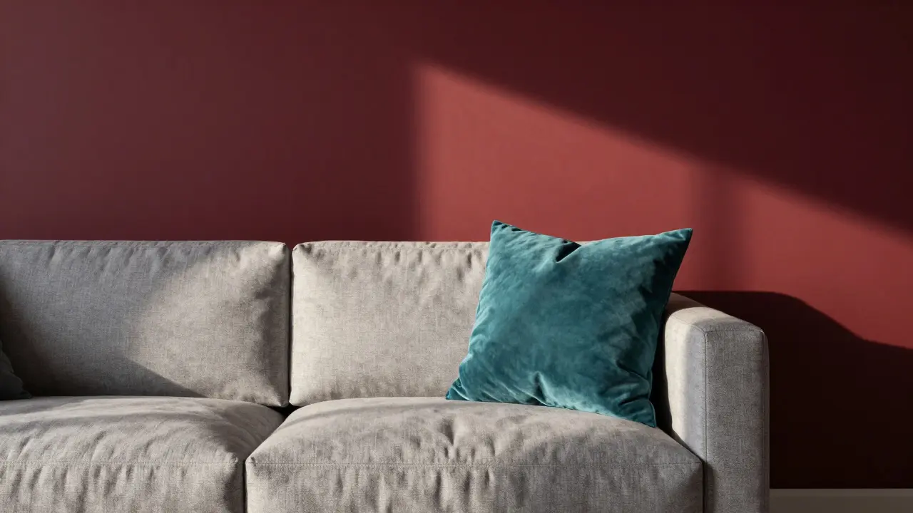 Červená stěna s modrým polštářem v moderním interiéru, vytvářející prostorovou hloubku.